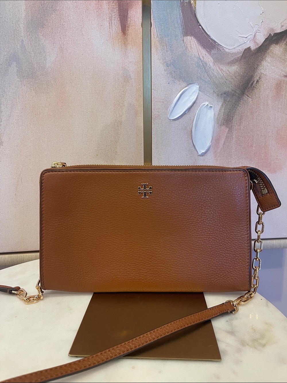 NWOT Tory Burch Tan Leather Crossbody Wallet with Gold Chain